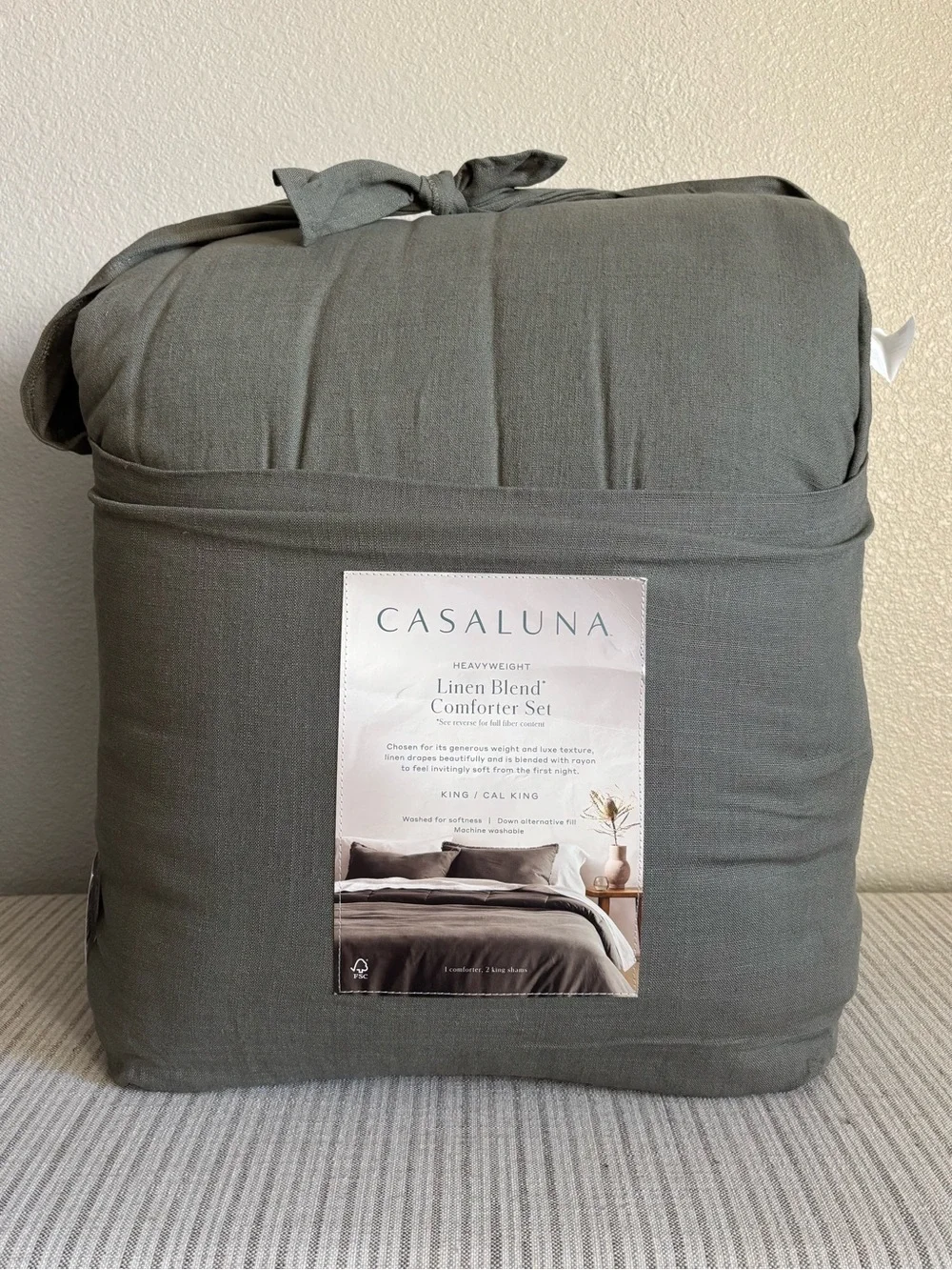 NWT King/ California King Heavyweight Linen Blend Comforter and Sham Set Olive